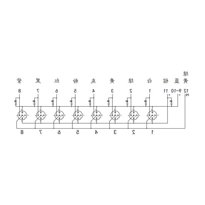 M12 junction box, single channel, PNP, 8-port split, LED, M23 integrated interface base, 24P8CT